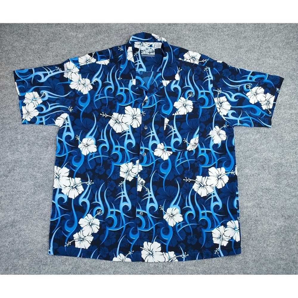 Pineapple Connection Mens Large Shirt Hawaiian Beach Blue Floral Hibiscus Tribal